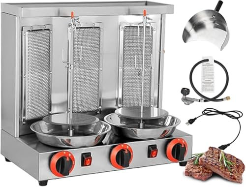 Máquina Shawarma de gas vertical, parrillas de propano giratorias automáticas con 3 quemadores, horno para hornear kebab de acero inoxidable con temperatura de 50-300 ℃, para cocina de restaurante
