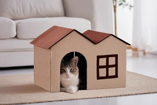 Zedelmaier Katzenhöhle, Katzenhaus, Katzenbett, Katzenhöhle XXL, Katzenhaus isoliert, Katzenhütte mit Spielball, Katzenmöbel (Beige und Braun, 41x58x40cm H)