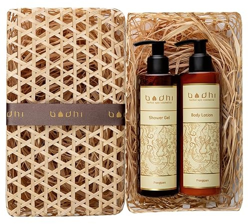 Bodhi® Naturkosmetik Geschenkset FRANGIPANI 2 x 250ml - für Damen mit dem herrlichen Duft der Plumeria, beinhaltet Körpermilch und Duschgel, verpackt in Handgemachter Pandan Box/Bio & Vegan