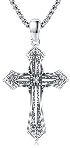 Midir&Etain Silber/Schwarzer Gotische Kreuzkette für Herren Damen 925 Sterling Silber Christliche Glaube Schmuck Valentinstags Geburtstags Geschenke
