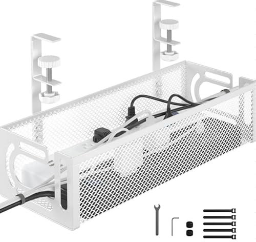 Under Desk Cable Management Tray, No Drill Cable Tray Under Desk Cable Organiser with Cable Trunking Clamp Cable Management Box, Cable Tray Basket Storage for Cables on Desk in Home Office