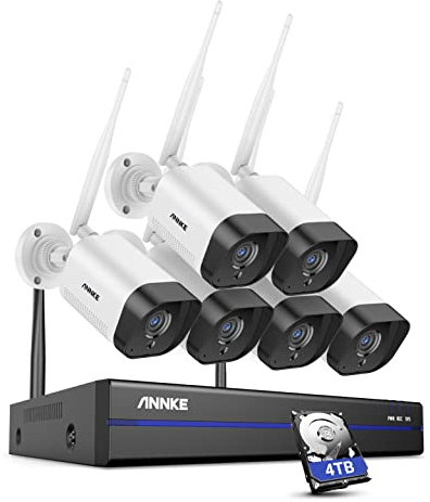 ANNKE WLAN Überwachungskamera Set Aussen Kabellos, 3MP Full HD Überwachungssystem, 10CH 5MP NVR mit 4X Überwachungskameras, Personenerkennung, 2-Wege-Audio, Arbeit mit Alexa, IP66, 6TB Festplatte