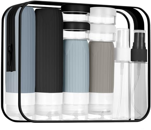 BUTBU Reseflaskor set – 19 stycken resenödvändigheter, silikonreseflaskor för kvinnor och män, resestorlek behållare, schampo lotion kräm tvål (svart)