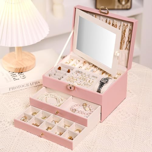 Emazerom 3 Layer Jewelry Boxes Large Jewelry Holder Organizer Case with 2 Jewelry Organizer Drawer PU Necklace Organizer Lockable Upgrade Mirror Gifts for Women, Pink