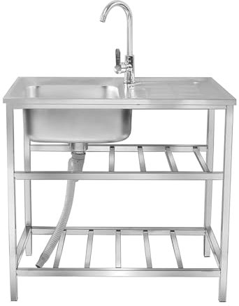 DECAKE Stainless Steel Single Bowl Freestanding Utility Sink Outdoor Camping Garden Sink, Outdoor Laundry Tub Slop Sink For Garage,Restaurant,Kitchen,Laundry Room,Indoor Outdoor Double-layer