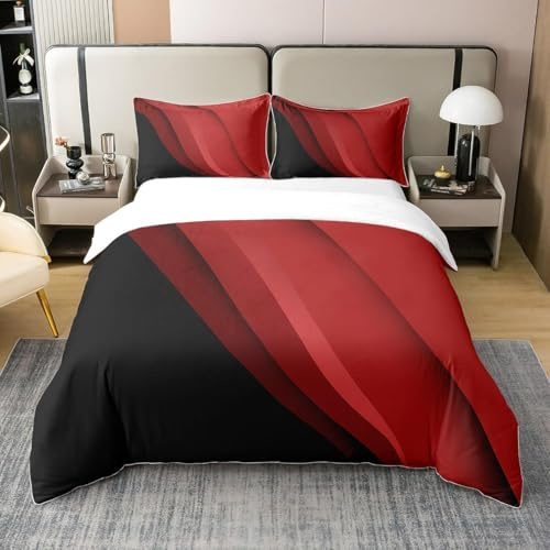 richhome Art Abstrait Moderne Coton Ensemble de literie Enfants Rouge et Gris Noir Géométrique Parure de Lit Femmes Hommes Rayures Ligne Motif Housse de Couette 220x240cm Coton Doux Parure de Lit