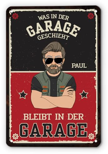 Geschenke Mall Türschild Personalisiert - Was In Der Garage Geschieht Bleibt In Der Garage - Schild selbst gestalten (Modell #1)