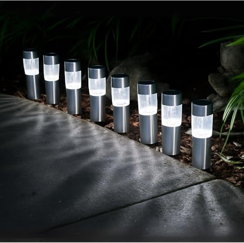 Garden Mile Super Bright 8pc LED Bollard Solar Garden Lights Outdoor Water Solar Stake Lights For Driveway Pathway Lighting Stainless Steel Light Set For Lawn Patio Flowerbeds Outdoor Decorations