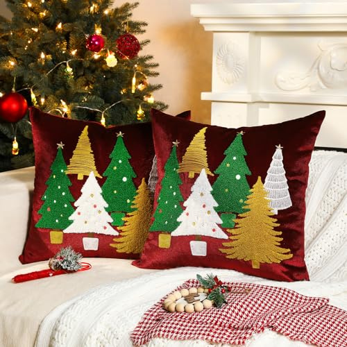 Lewondr Fundas de Almohada de Navidad, 2PCS 45x45cm Fundas para Cojines Navideñas de Terciopelo con Bordado de Árbol de Navidad, Fundas Decorativas para Almohada para Sofá Cama, Rojo