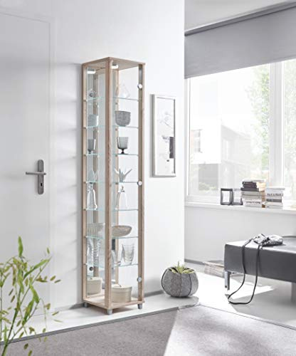 VR-Wohnwelten Glasvitrine (172x32x33 cm) in Sonoma Eiche mit 7 Glasböden, Spiegel und LED - Modellauto Vitrine Sonoma Eiche - Vitrinenschrank - Sammlervitrine - Wohnzimmerschrank Regal Wand Schrank