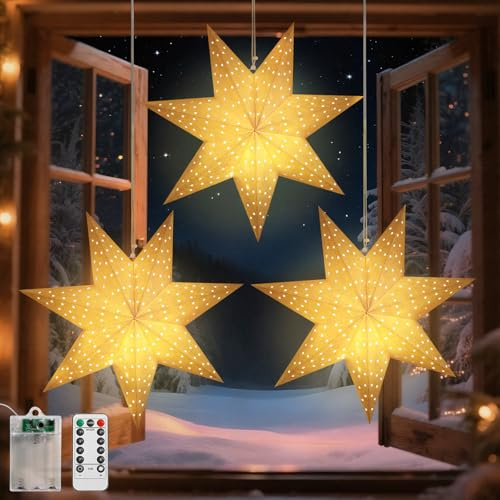 Lewondr Weihnachtsstern Beleuchtet 3 Stück, 45cm Papiersterne Weihnachten