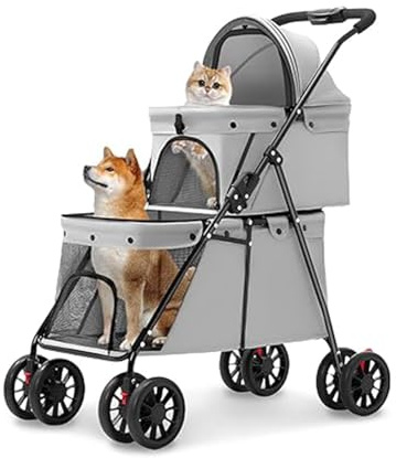 Doppio Strato Passeggino Pieghevole per Cani e Gatti, Passeggino Viaggio per Animali Domestici per cani con finestre a rete, cintura di sicurezza, per Cani di Piccola e Media Taglia (Grigio)