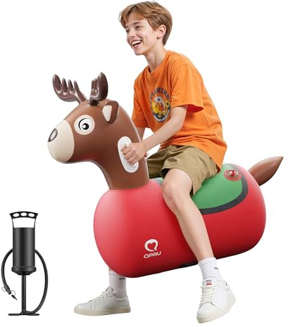 QPAU Aufblasbarer Rentier-Hüpfer Bouncy-Spielzeug mit Stoffbezug & Pumpe, Hüpftiere für Kinder 5+ & Erwachsene, Weihnachts-Rentier Aufblasbarer Hüpfer, Outdoor-Spielzeug