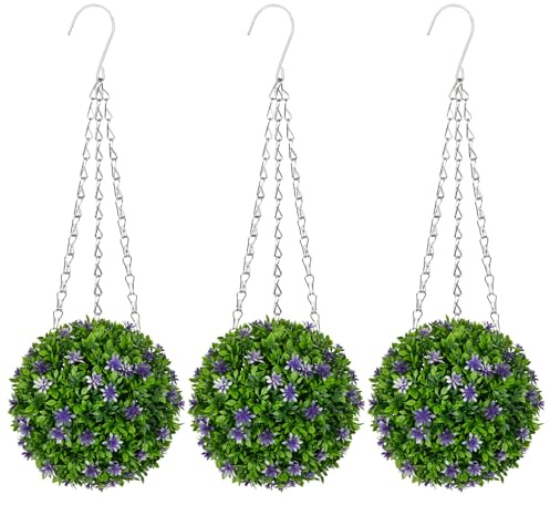 Oairse 3 Pcs Artificial Hanging Topiary Flower Ball - 6.3 Fake Hanging Topiary Ball with Purple Flowers & Chains Faux Greenery Plant Balls for Front Porch Patio Garden Indoor Outdoor Home