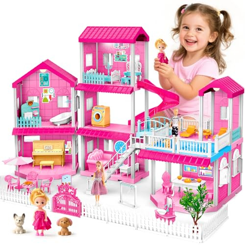 Toylink Pink Doll House for Girls, 3-Story Villa Playset with Light, 3 Dolls, Pool & Slide, Dollhouse Furniture and Accessories, Pretend Play Toddler Toys Birthday Gifts for Kids 3 4 5 6 7 8