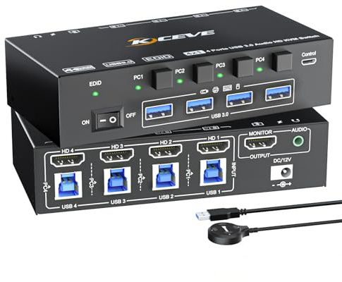 HDMI KVM Switch with Audio, 4 Ports KVM Switcher 8K@60Hz, with EDID Emulator for 4 Computers Share Mouse Keyboard and Monitor