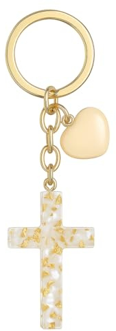 DONWOIE Kreuz Schlüsselanhänger, Schlüsselband Taschenanhänger für Damen | Christliches Schluisselringe Geschenk mit Resin Herz & Glitzer Details, Geeignet für Gläubige