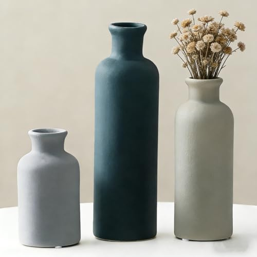 Juego de 3 Jarrones de Cerámica,Jarrones Deco Estética Neutra Boho Floreros Deco Escandinavos,decoración Moderna de la casa de Campo,para la Sala de Estar,el Estante (Multi Gris)
