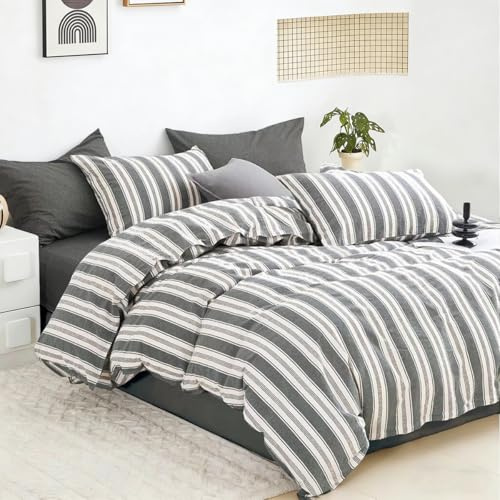 Nesture Bettwäsche 140x200 Baumwolle 2teilig, Grau-weiße Streifen | 100% Baumwolle, gewaschene Leinenoptik, 1x Bettbezug 140x200 + 1x Kissenbezug 80x80cm, Bettwäsche-Sets, Weich & atmungsaktiv