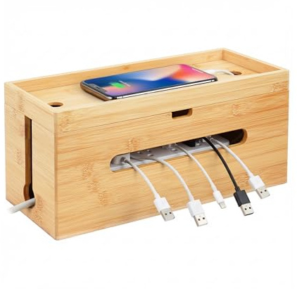 Relaxdays kabelbox i bambu för remsa, kabelorganiserare med lock och slipsar, 16 x 34 x 13,5 cm naturlig