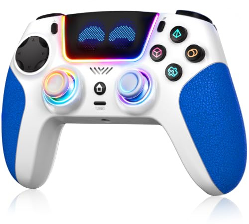 SFGSUP Wireless Pro Controller for PS5, PC, Mac, Steam Deck, Blue-White | Hall‑Effect Joystick&Trigger, 8‑Colour RGB Lighting, 6‑Axis Gyroscope, Turbo, Dual Vibration, Programmable, 1500‑mAh Battery