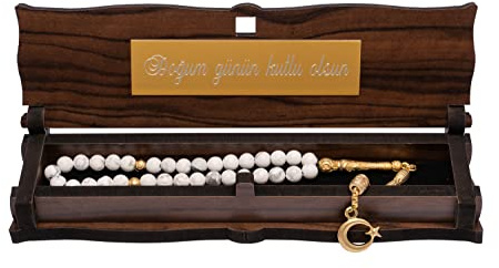 Gök-Türk Gebetskette Tesbih aus echtem Marmor mit Schatulle/Tesbih Box mit IHRER Gravur mit Halbmond/Ay Yildiz Anhänger
