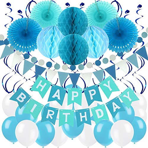 Zerodeco Birthday Party Decoration, Happy Birthday Banner with Paper Fans, Honeycomb Balls, Triangular Pennants, Circle Paper Garland, Hanging Swirls and Balloons - Blue, Sky Blue and White