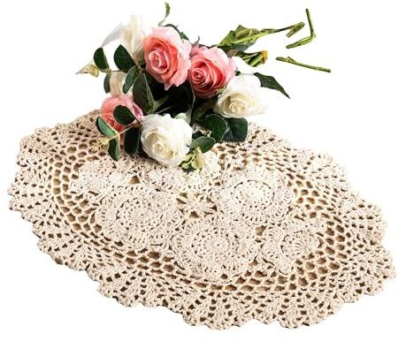 Eiyye 2-Pieces Handmade Cotton Crochet Doilies Oval Lace Table Placemats 12 x17inch, Beige
