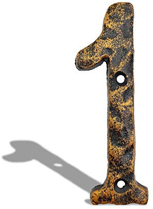 Numero di indirizzo civico da 14 cm, in ghisa massiccia, aspetto unico a martello, con finitura in ottone anticato irregolare (numero 1)