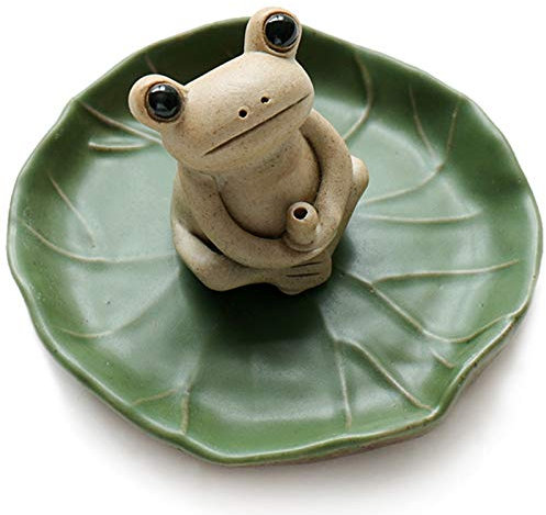 NAGU 100% Handmade Ceramic Small Frog Incense Burner Holder, Lotus Leaf Tray, Mini Cute Animal Statue Home Incense Holder