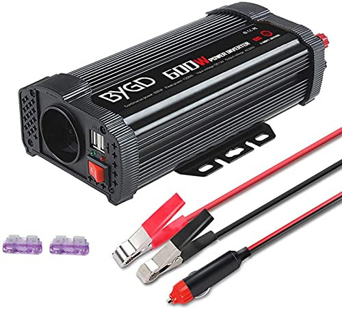 BYGD convertidor 600W/1200W DC 12V a AC 220V 230V inversor de Coche Transformador Toma de Corriente Cargador de mechero con 1 Toma de Corriente española y 2 Puertos USB
