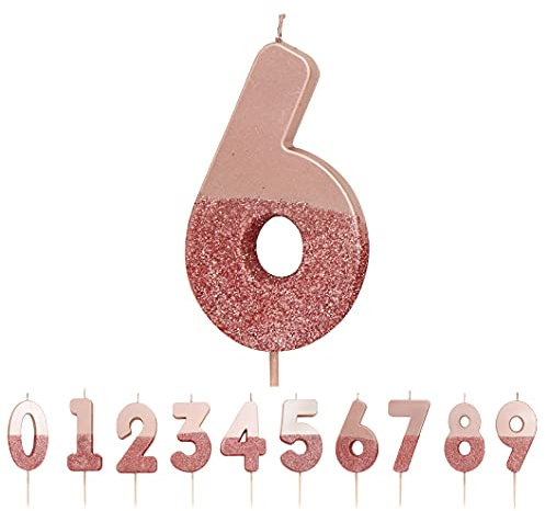 Vela Número 6 Con Brillo De Oro Rosa, Para niños, adultos, fiesta de cumpleaños número 16, 60, aniversario, hito