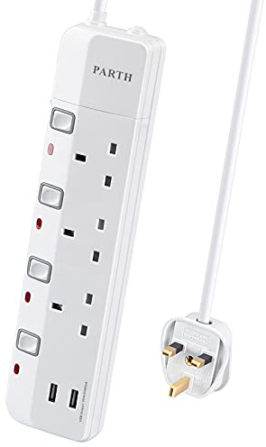 PARTH 3 Socket, 2 Metre Extension Lead with USB Slots for Space Saving | QC 3.0 USB A Ports,3250W,13A,Multi Plug, Individual Switches,for Energy Saving,Heavy Duty Cable,for School Home Office