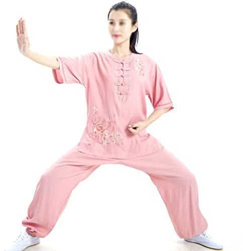 ZHOUXIAO Frau Bestickt Taichi Uniform Kinder Mädchen Kung Fu Anzug Blume Kurze Ärmel Baumwolle Leinen Kampfkunst Uniform Performance Wear Wing Chun Taichi Kleidung Set Pink-XS