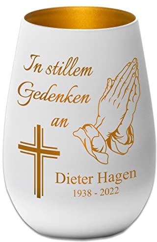 Trauerlicht - In stillem Gedenken - Betende Hände - Kreuz - weiß/Gold - Gravur Namen und Datum - Gedenklicht Erinnerungslicht Grablicht Trauergeschenk