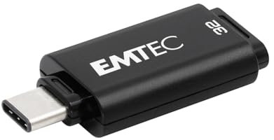 EMTEC - Memoria USB Tipo C 32GB 3.2 Compatible con USB 2.0 y 3.1 - ECMMD32GD403 - Flash Drive rápido hasta 80MB/s - Llave Ultra Ligera - Tapa Ajustable en la Parte Posterior - Negro
