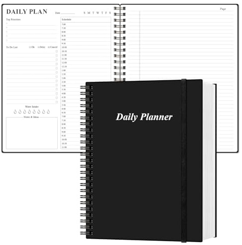 Daily Planner Undated - A4 To Do List Notebook Hourly Schedules, Spiral Appointment Planner for Women and Men,PVC Hardcover, Inner Pocket, Elastic Closure, 8.5 x 11, Black