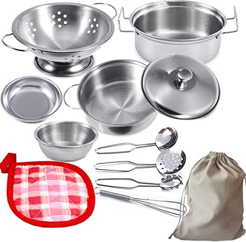 Mini Küche Lebensmittel Kochen Zubehör,Edelstahl Pretend Kochutensilien Kochgeschirr Set Spielzeug Montessori Küche,Topf Sets für Kinder,Kleinkind Töpfe und Pfannen Spielzeug für Kind (geringe Größe)