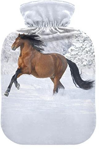 Braunes Pferd im Schnee, Wärmflasche mit Bezug, weich, warm, für Winterbett, Hand, Hals und Schultern, 2 l