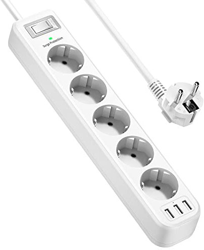 JSVER Regleta Enchufes USB, Proteccion Sobretension con 5 Toma(4000W) de Corriente y 3 USB Puertos Estación de Carga Inteligente Tomas Alargadora con Cable 1,8m para Viajes en Casa-Blanco