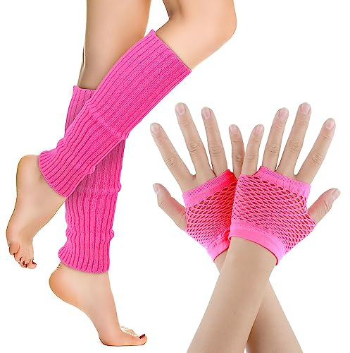 Yolev Neon Stulpen Damen Netz Handschuhe Set Retro Stretch Beinstulpen Netz Fingerlose Handschuhe 80er Jahre Outfit Party Sport Yoga Zubehör Rosa Rot