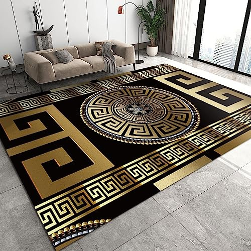 TEMLAN Griechischer Schlüsselmännchen Im Retro-Stil Aus Schwarzem Gold Teppiche Gegend, Geometrisches 3D-Gold Kleiner Teppich für Wohnzimmer, Schlafzimmer, Kinderzimmer, Büro, etc 100 x 150cm