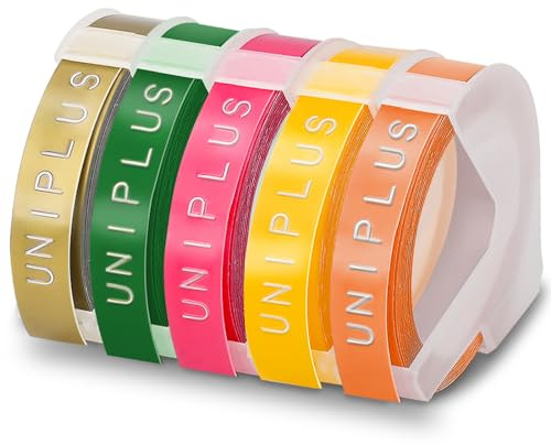 UniPlus Compatible Embossing Tape Replacement for Omega S0717930 Junior S0717900 9mm Self-Adhesive 3D Plastic Embossing Tape Yellow Gold Green Fluorescent Orange Pink for E-101 E-303 5-Pack