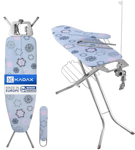 KADAX Asse da Stiro Salvaspazio con Stiramaniche, Portaferro, Presa Elettrica e Scaffale, Tavola da Stiro Pieghevole con Altezza Regolabile (Blu Chiaro)