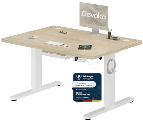 Devoko Höhenverstellbarer Schreibtisch 120x80cm mit Typ-C Ladeanschluss, Schreibtisch Höhenverstellbar Elektrisch, Mobiler Elektrisch Computertisch mit Kabel Management Tray, Eiche