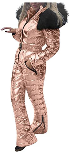 IQYU Skianzug Damen Einteiler Warm Schneeanzug Wasserdicht Schneeoverall Mit Fellkapuze Gürtel Snowboardjacke Lang Skijacke Thermo-Skibekleidung Warme Schnee-Jacke Skifahren Sätze Outdoor Jumpsuit