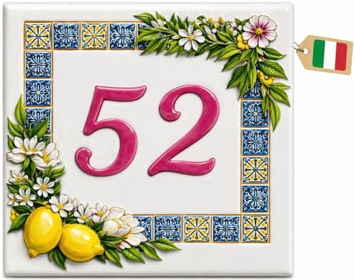 Numero Civico Personalizzato su Mattonella Ceramica, Made in Italy - Stile Maiolica Siciliana Limoni Personalizzabile con Indirizzo, Via, Nome Famiglia - Piastrella per Esterno (15x15 cm)