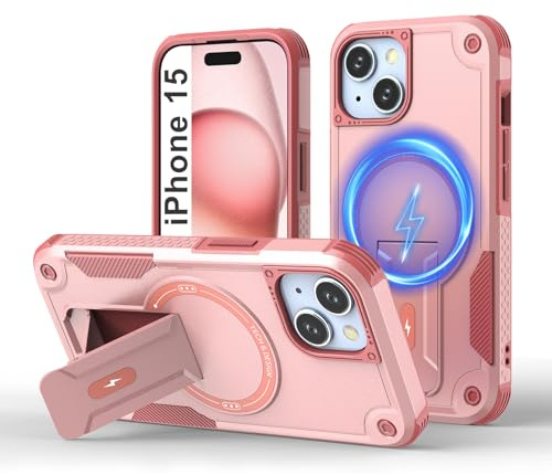 Tuvror Cover Magnetica per iPhone 15 [Compatibile con MagSafe] supporto Integrato, Supporto Protezione Militare Anticaduta, Cover Robusta Antishock per iPhone 15, Rosa | Compatibile con MagSafe, supporto integrato, protezione militare, custodia robusta antiurto per iPhone 15