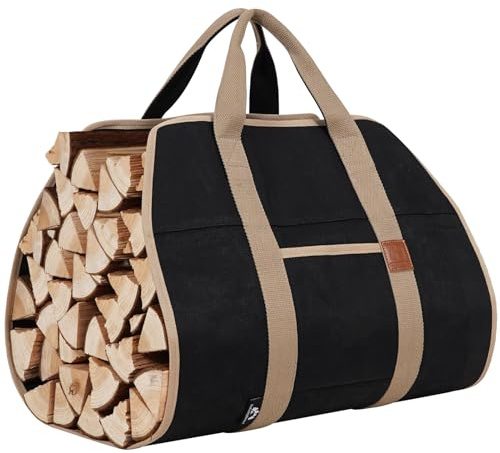 GoCampDirect Firewood Carriers with Handles - 39 * 18 Inch Log Carrier | Package Waxed Canvas Firewood Bag Carrier | Water Resistant Firewood Tote Wood Carrying Bag for Camping Indoor - Black