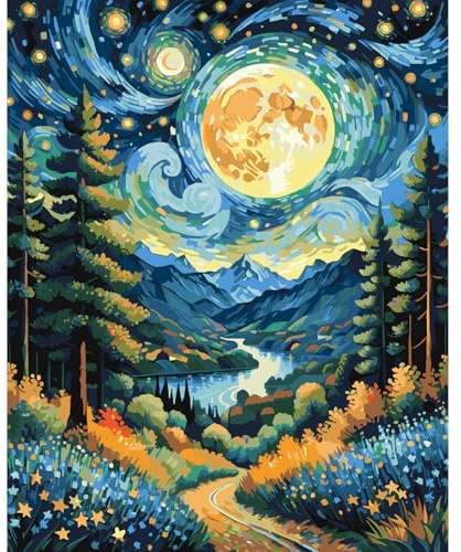 JATOK Paint by Numbers for Adults, Painting Kits for Beginners On Clear Symbols Colored Canvas, Easy DIY Acrylic Pigment Drawing Paintwork for Home Wall Decor, 16x20in Frameless, Moon Road | clear-symbol pre-printed canvas, acrylic painting kit, beginner DIY craft, unframed wall décor, 16 x 20 in